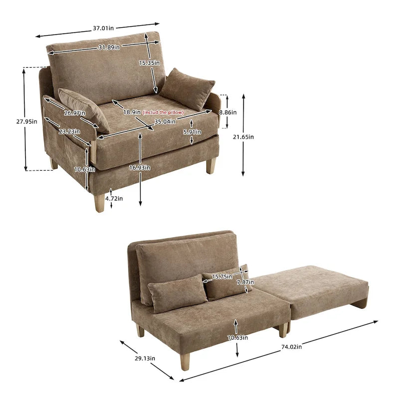 Fauteuil convertible inclinable en chenille avec 3 oreillers