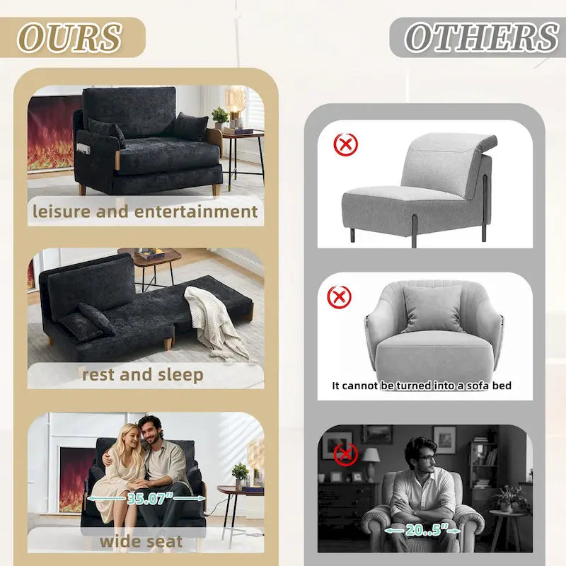 Fauteuil convertible inclinable en chenille avec 3 oreillers