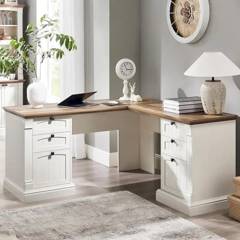 Farmhouse Computer Desk, Wood Home Office Desk with Charging Station