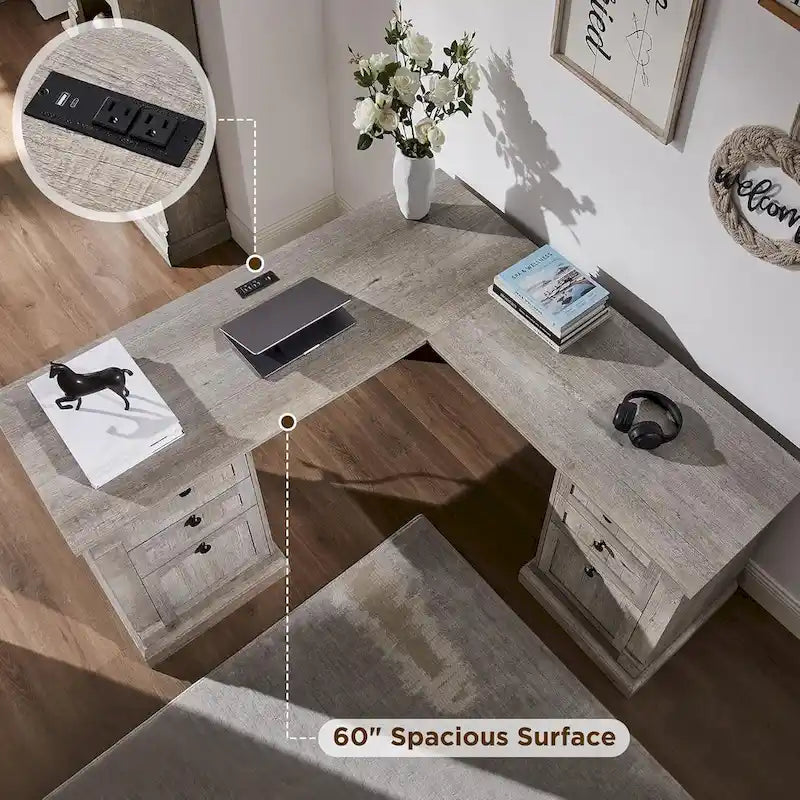 Bureau d'ordinateur de ferme, bureau d'ordinateur en bois avec station de chargement