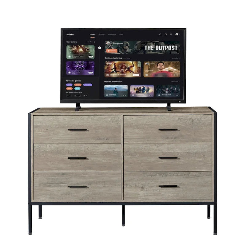 Commode rustique en bois à 6 tiroirs, Meuble TV large de 48 po marron avec rangement
