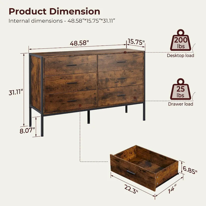 Commode rustique en bois à 6 tiroirs, Meuble TV large de 48 po marron avec rangement