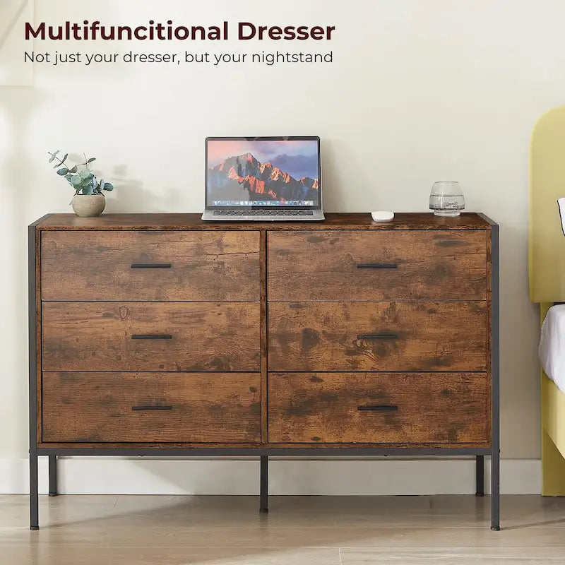 Commode rustique en bois à 6 tiroirs, Meuble TV large de 48 po marron avec rangement