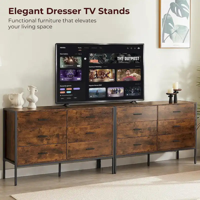 Commode rustique en bois à 6 tiroirs, Meuble TV large de 48 po marron avec rangement