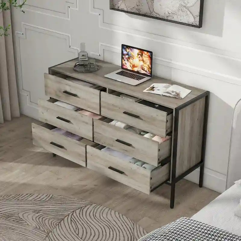 Commode rustique en bois à 6 tiroirs, Meuble TV large de 48 po marron avec rangement