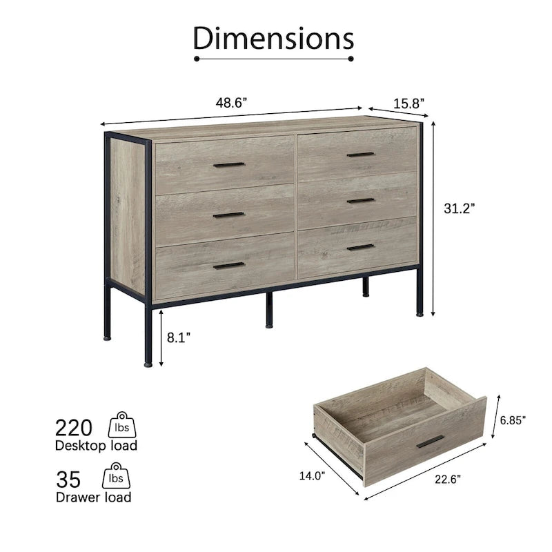 Commode rustique en bois à 6 tiroirs, Meuble TV large de 48 po marron avec rangement