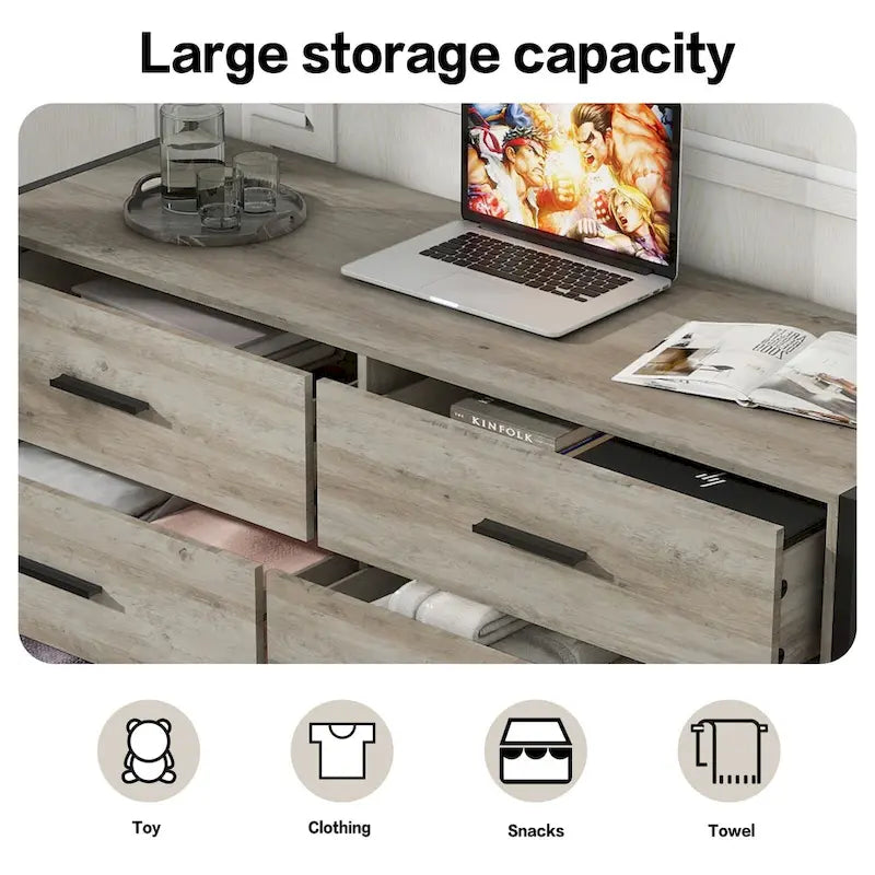 Commode rustique en bois à 6 tiroirs, Meuble TV large de 48 po marron avec rangement