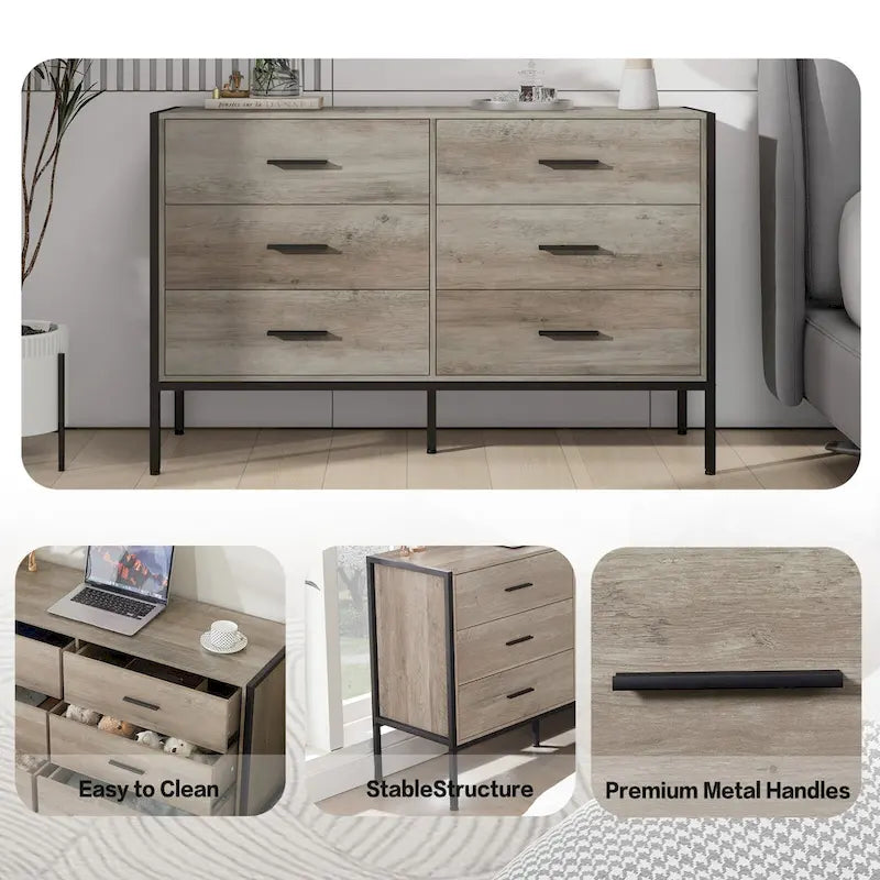 Commode rustique en bois à 6 tiroirs, Meuble TV large de 48 po marron avec rangement