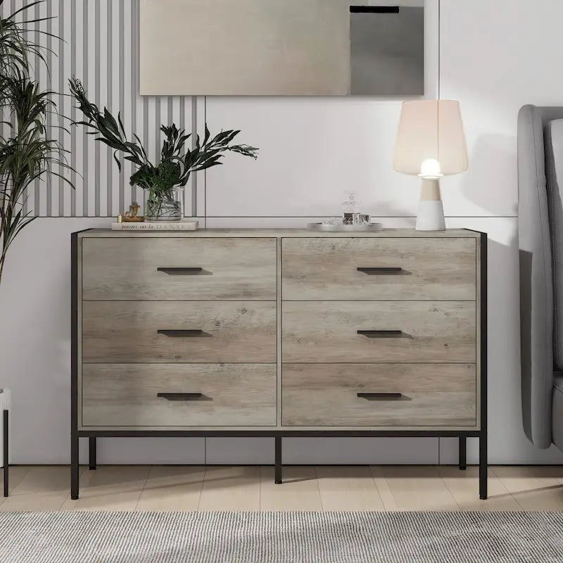 Commode rustique en bois à 6 tiroirs, Meuble TV large de 48 po marron avec rangement