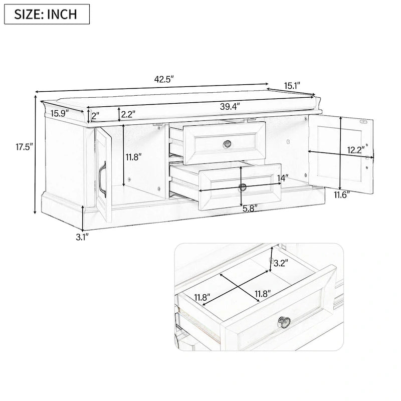 Banc de rangement avec tiroirs et placards