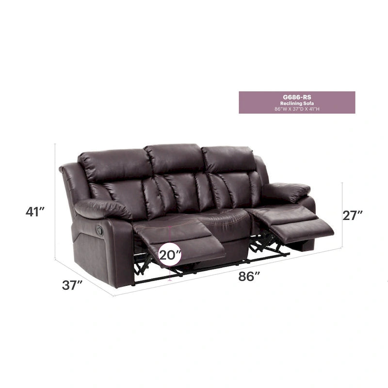 Canapé inclinable droit en similicuir à bras évasés de 85 po de largeur - 37L x 85W x 41H