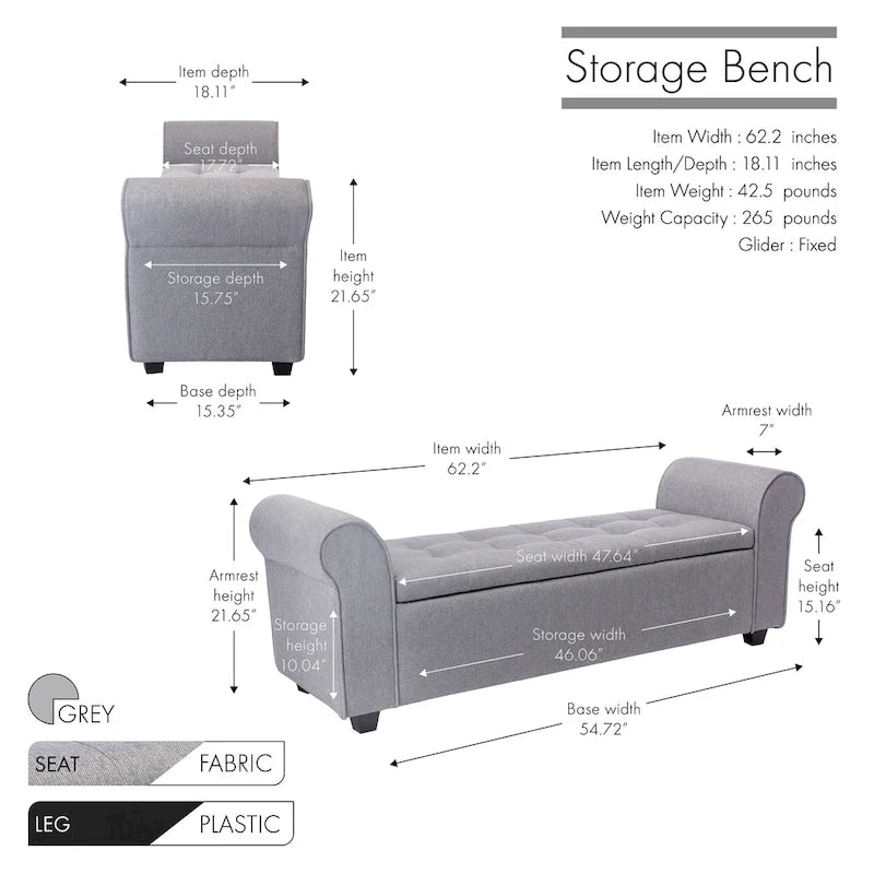 Banc de rangement Wena de Porthos Home, accoudoirs arrondis, revêtement en tissu