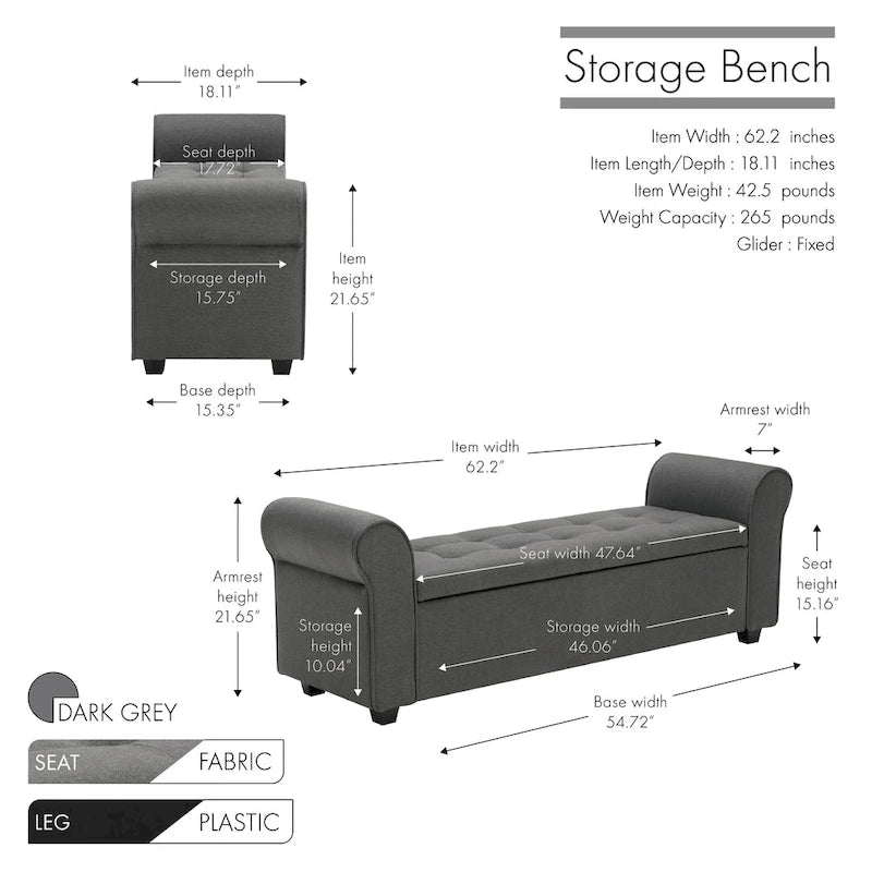 Banc de rangement Wena de Porthos Home, accoudoirs arrondis, revêtement en tissu