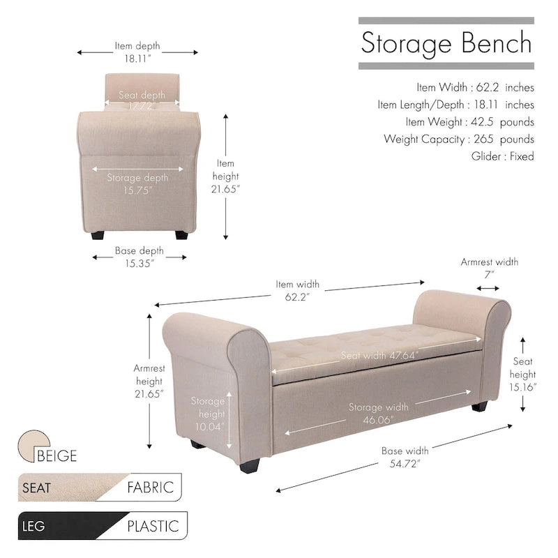 Banc de rangement Wena de Porthos Home, accoudoirs arrondis, revêtement en tissu