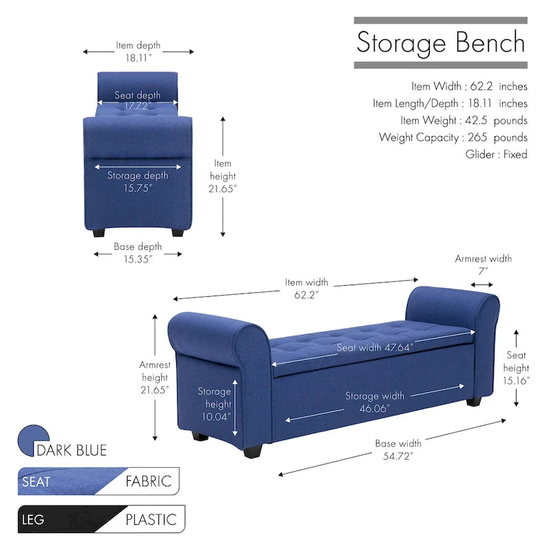 Banc de rangement Wena de Porthos Home, accoudoirs arrondis, revêtement en tissu