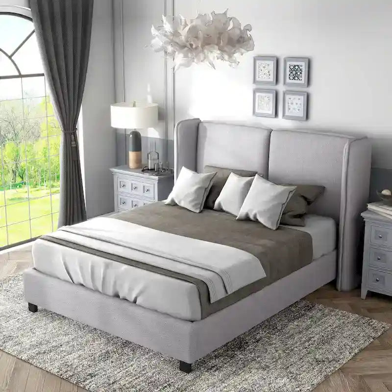 Lit plateforme queen-size en tissu bouclé moderne avec tête de lit capitonnée