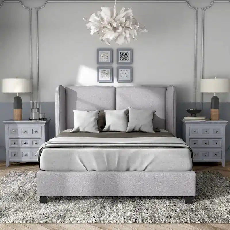 Lit plateforme queen-size en tissu bouclé moderne avec tête de lit capitonnée