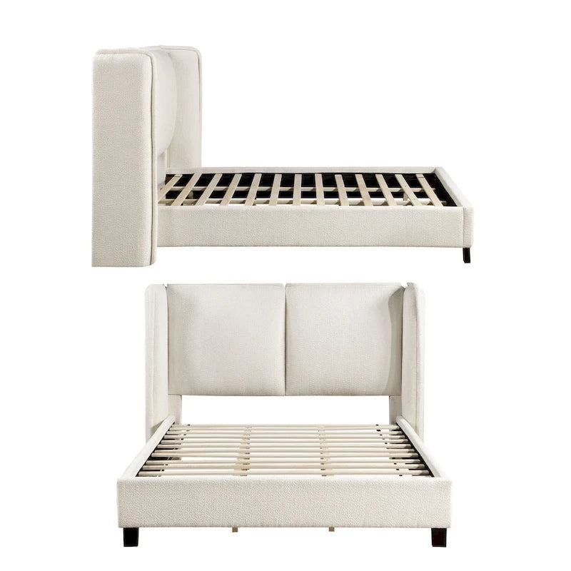 Lit plateforme queen-size en tissu bouclé moderne avec tête de lit capitonnée