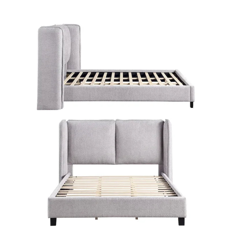 Lit plateforme queen-size en tissu bouclé moderne avec tête de lit capitonnée