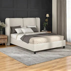Lit plateforme queen-size en tissu bouclé moderne avec tête de lit capitonnée