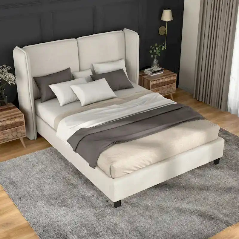 Lit plateforme queen-size en tissu bouclé moderne avec tête de lit capitonnée