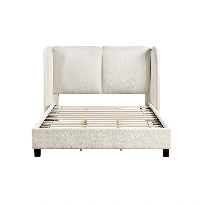 Lit plateforme queen-size en tissu bouclé moderne avec tête de lit capitonnée