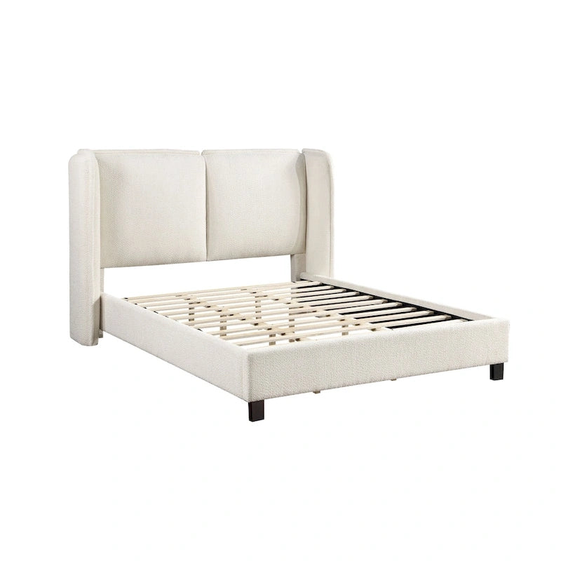 Lit plateforme queen-size en tissu bouclé moderne avec tête de lit capitonnée