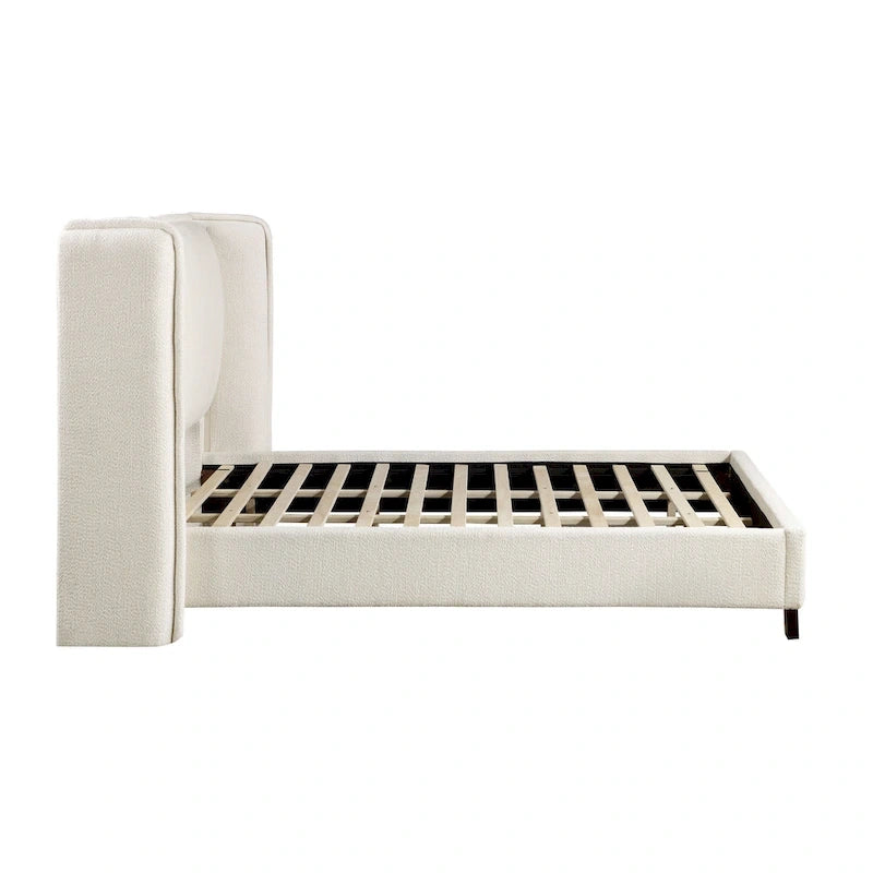 Lit plateforme queen-size en tissu bouclé moderne avec tête de lit capitonnée