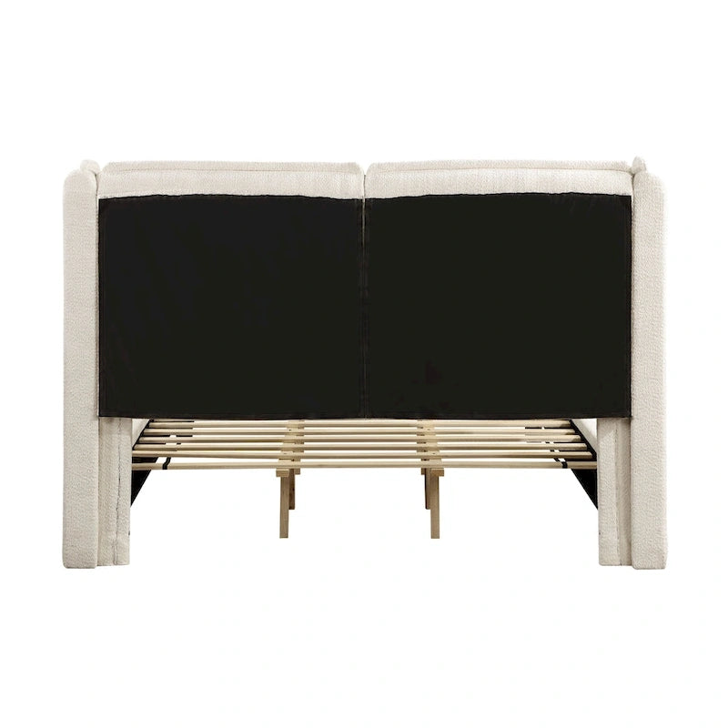Lit plateforme queen-size en tissu bouclé moderne avec tête de lit capitonnée