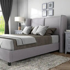 Lit plateforme queen-size en tissu bouclé moderne avec tête de lit capitonnée