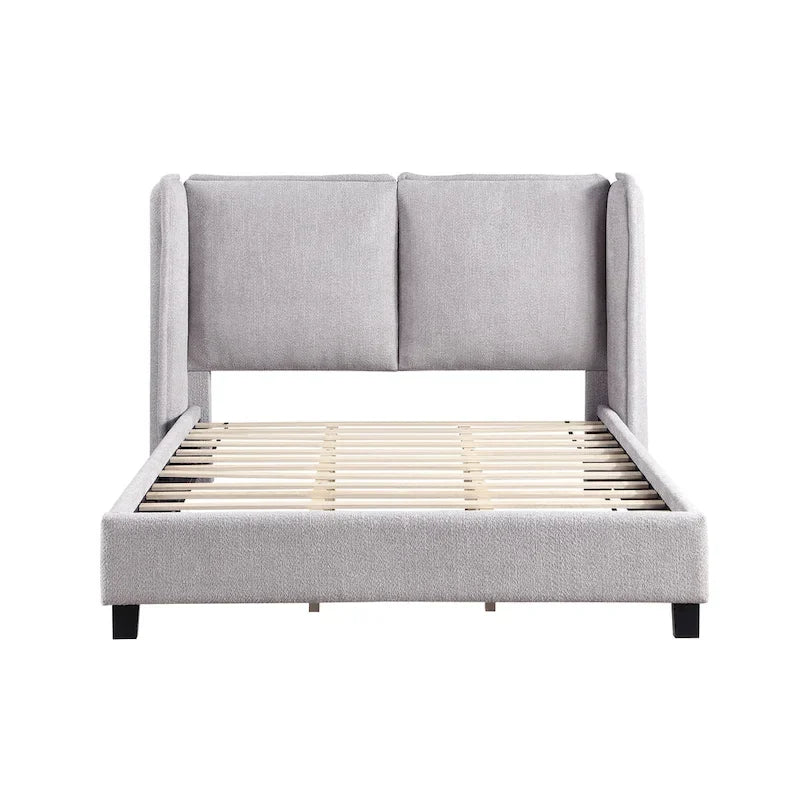 Lit plateforme queen-size en tissu bouclé moderne avec tête de lit capitonnée