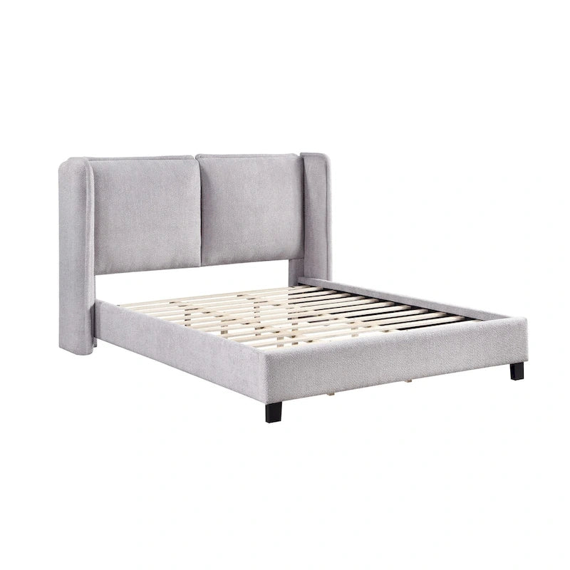 Lit plateforme queen-size en tissu bouclé moderne avec tête de lit capitonnée