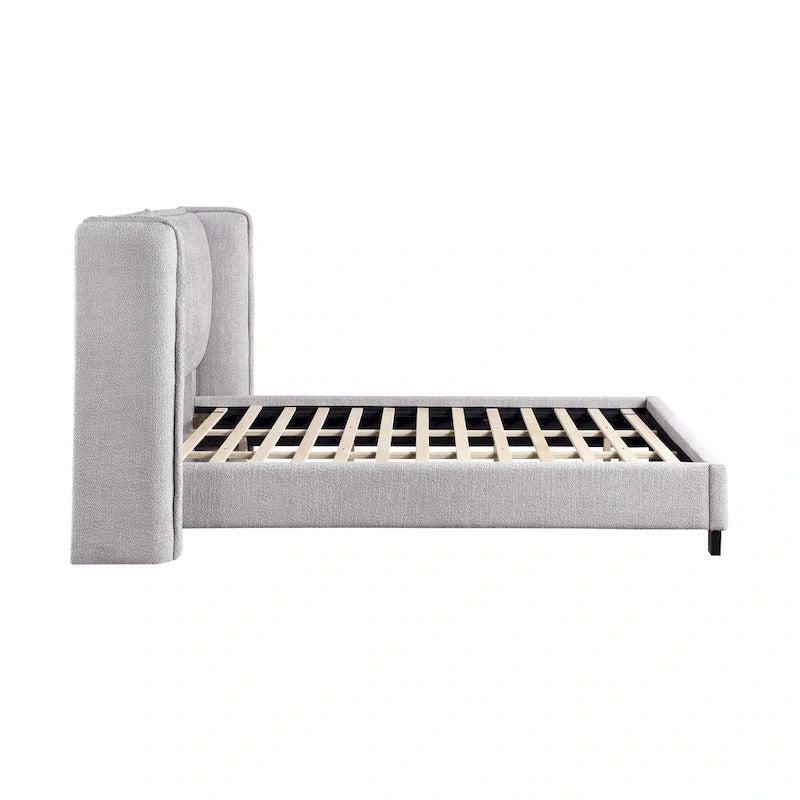 Lit plateforme queen-size en tissu bouclé moderne avec tête de lit capitonnée