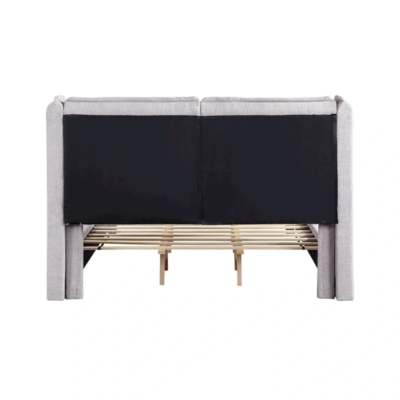 Lit plateforme queen-size en tissu bouclé moderne avec tête de lit capitonnée