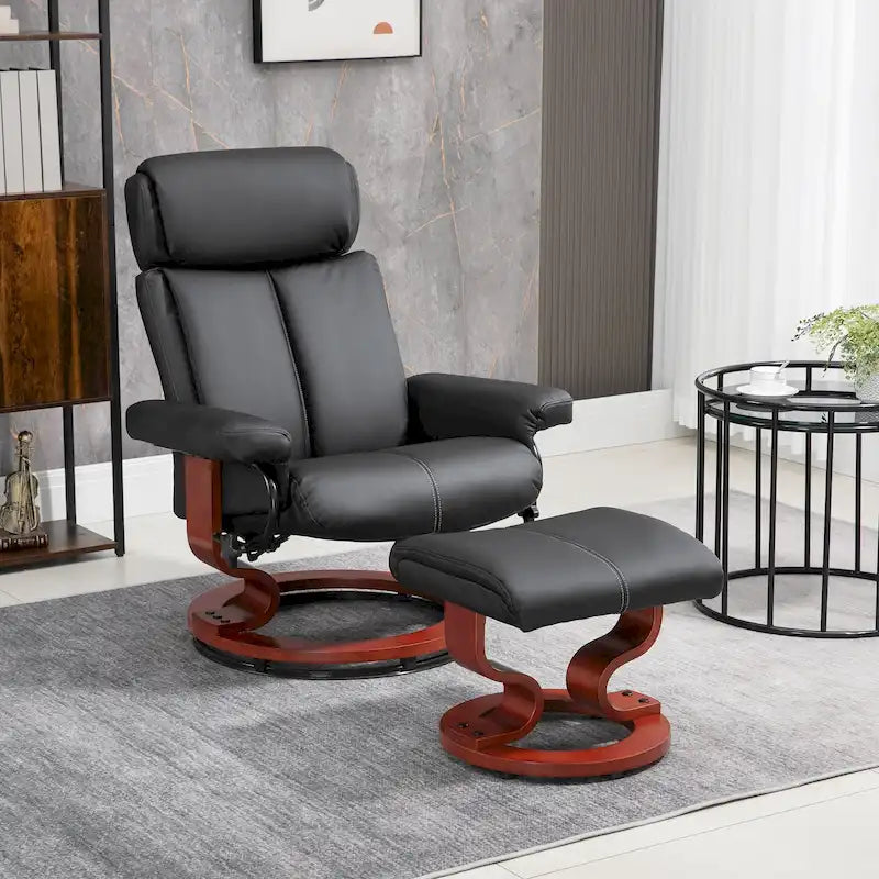 Fauteuil inclinable avec ottoman, fauteuil inclinable pivotant à 360° avec base en bois et repose-pieds assorti, Noir