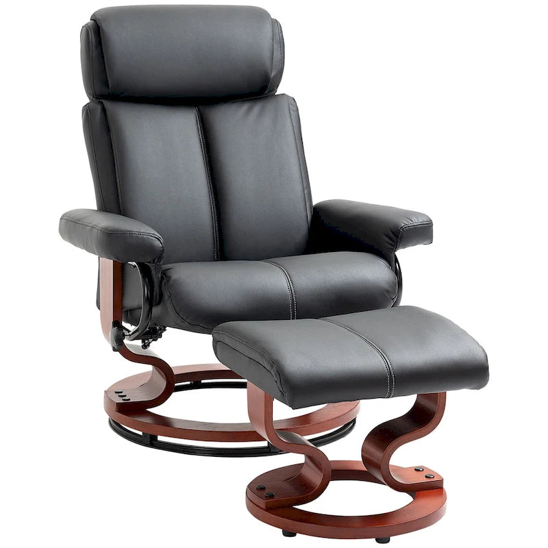 Fauteuil inclinable avec ottoman, fauteuil inclinable pivotant à 360° avec base en bois et repose-pieds assorti, Noir
