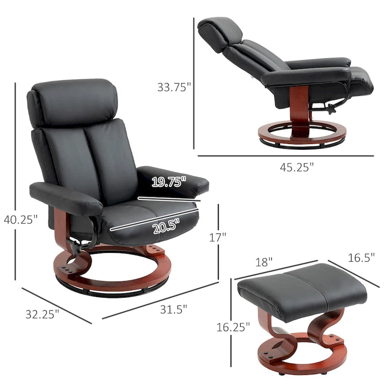Fauteuil inclinable avec ottoman, fauteuil inclinable pivotant à 360° avec base en bois et repose-pieds assorti, Noir