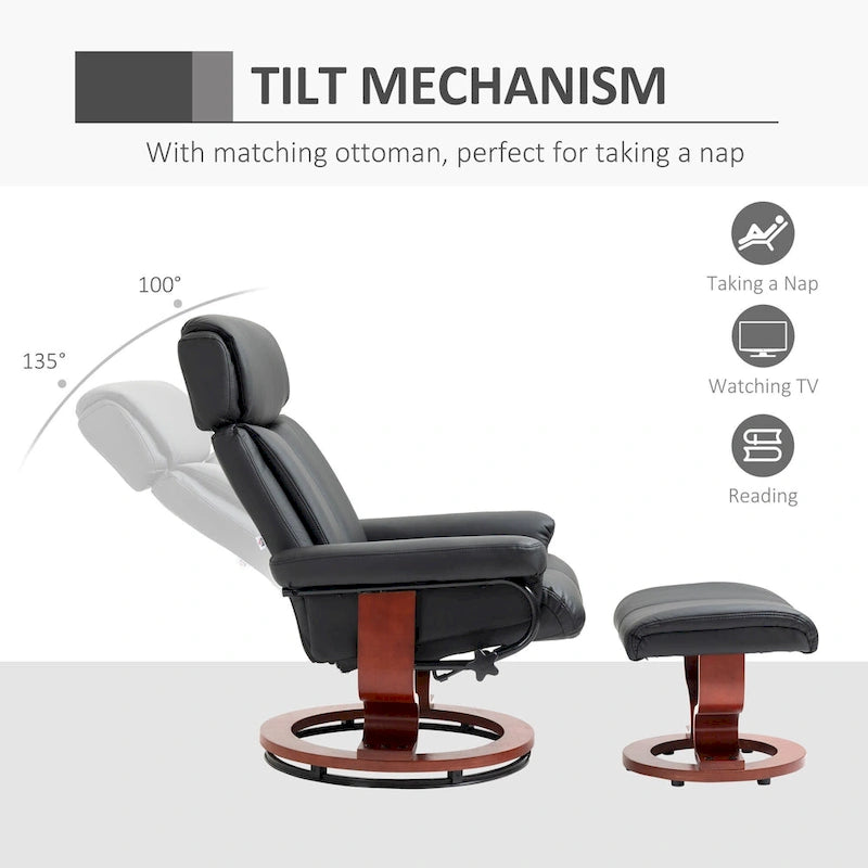 Fauteuil inclinable avec ottoman, fauteuil inclinable pivotant à 360° avec base en bois et repose-pieds assorti, Noir