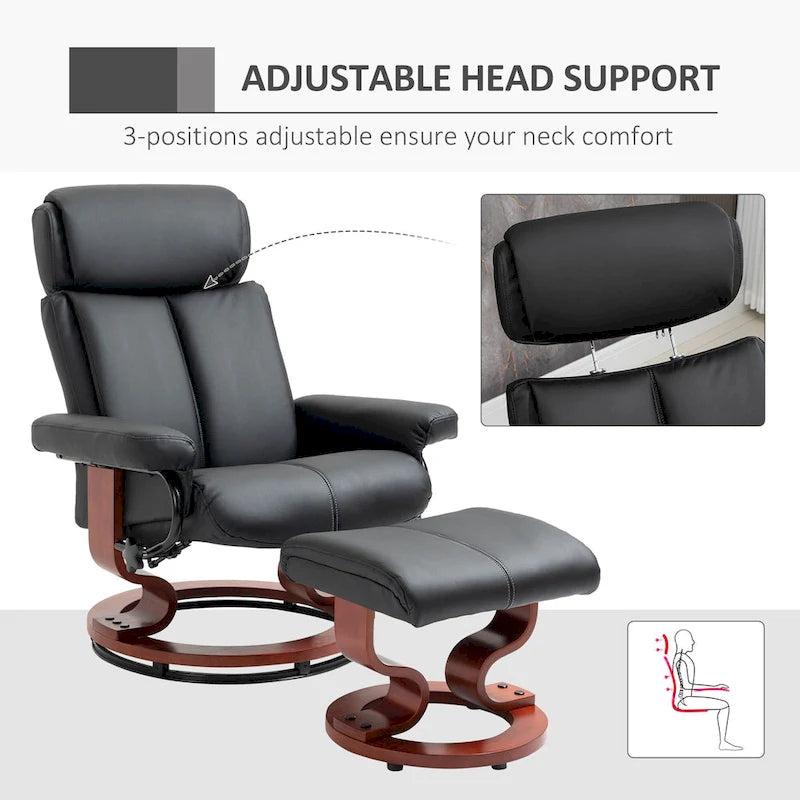 Fauteuil inclinable avec ottoman, fauteuil inclinable pivotant à 360° avec base en bois et repose-pieds assorti, Noir