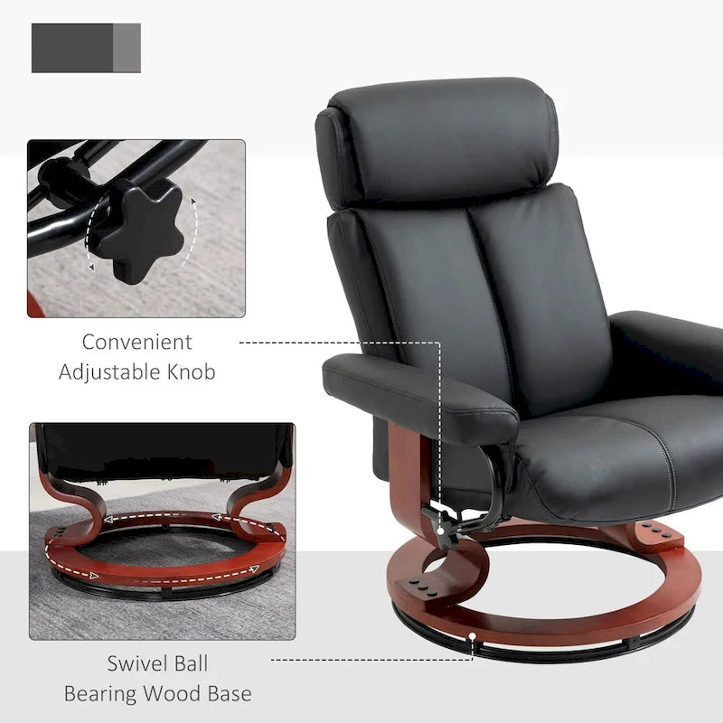Fauteuil inclinable avec ottoman, fauteuil inclinable pivotant à 360° avec base en bois et repose-pieds assorti, Noir