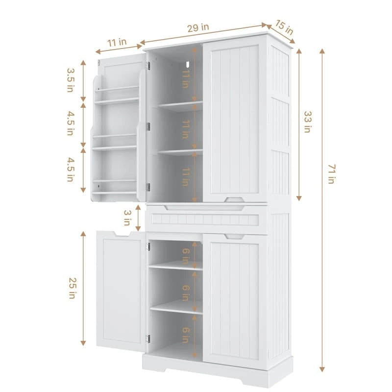 71 Armoire de cuisine moderne autoportante à 4 portes avec étagères et tiroirs, Grand meuble de rangement de cuisine organiseur