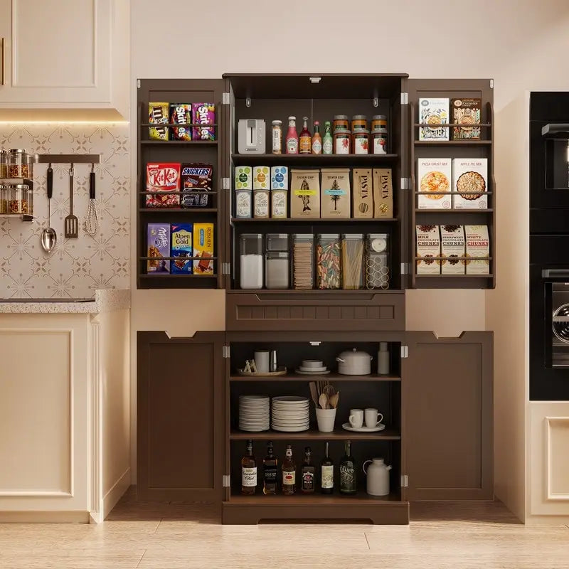 71 Armoire de cuisine moderne autoportante à 4 portes avec étagères et tiroirs, Grand meuble de rangement de cuisine organiseur