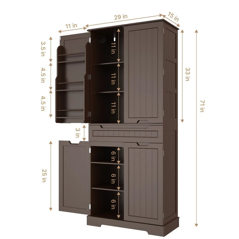 71 Armoire de cuisine moderne autoportante à 4 portes avec étagères et tiroirs, Grand meuble de rangement de cuisine organiseur