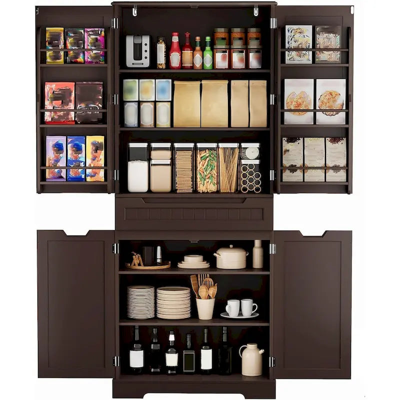 71 Armoire de cuisine moderne autoportante à 4 portes avec étagères et tiroirs, Grand meuble de rangement de cuisine organiseur