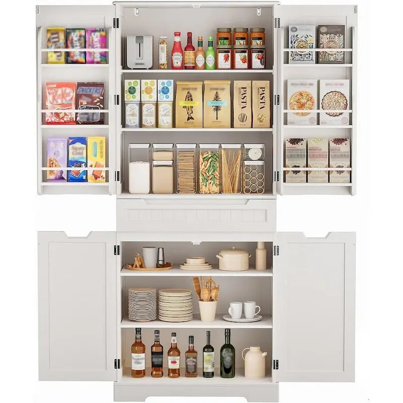 71 Armoire de cuisine moderne autoportante à 4 portes avec étagères et tiroirs, Grand meuble de rangement de cuisine organiseur