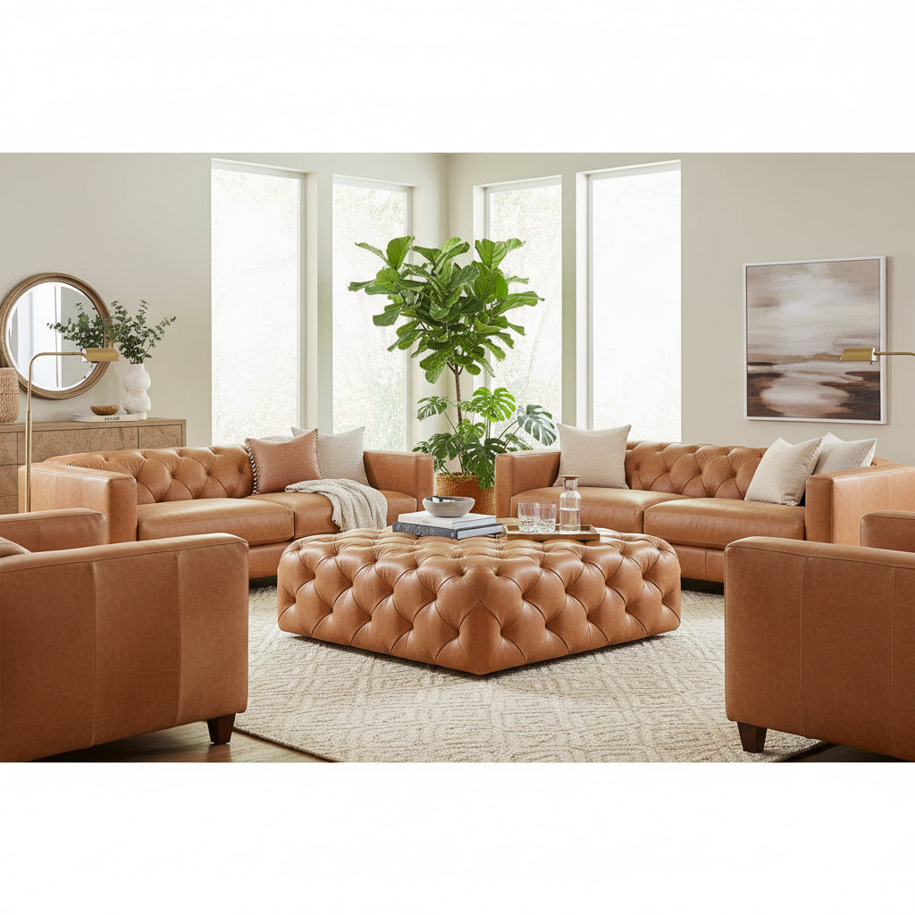 Poly & Bark Turin Leather Ottoman in Cognac Tan