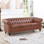 Élégant et classique canapé Chesterfield trois places de 84,65 po en cuir PU avec accoudoirs roulés - Pieds robustes en bouleau, revêtement doux
