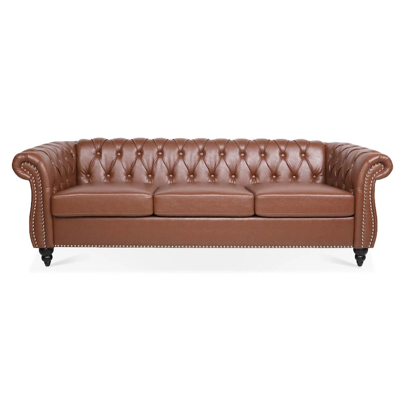 Élégant et classique canapé Chesterfield trois places de 84,65 po en cuir PU avec accoudoirs roulés - Pieds robustes en bouleau, revêtement doux