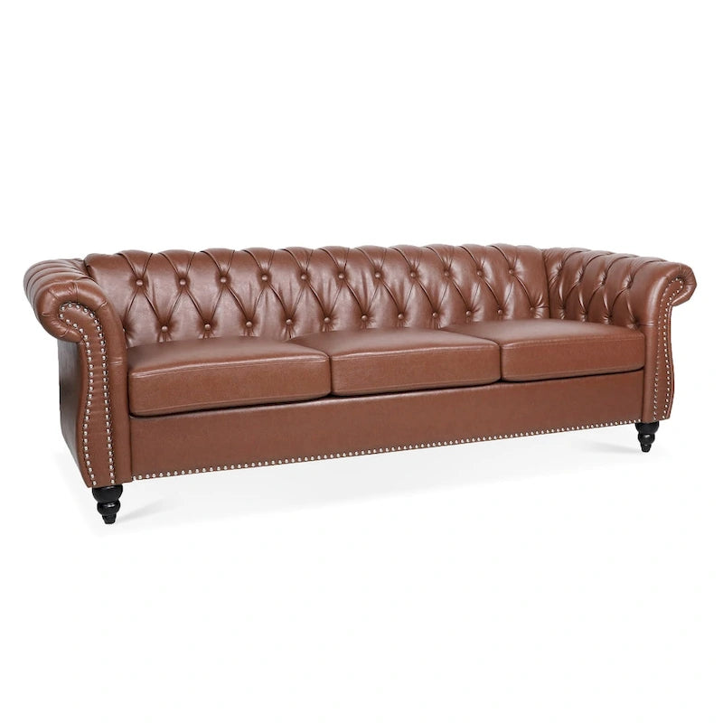 Élégant et classique canapé Chesterfield trois places de 84,65 po en cuir PU avec accoudoirs roulés - Pieds robustes en bouleau, revêtement doux