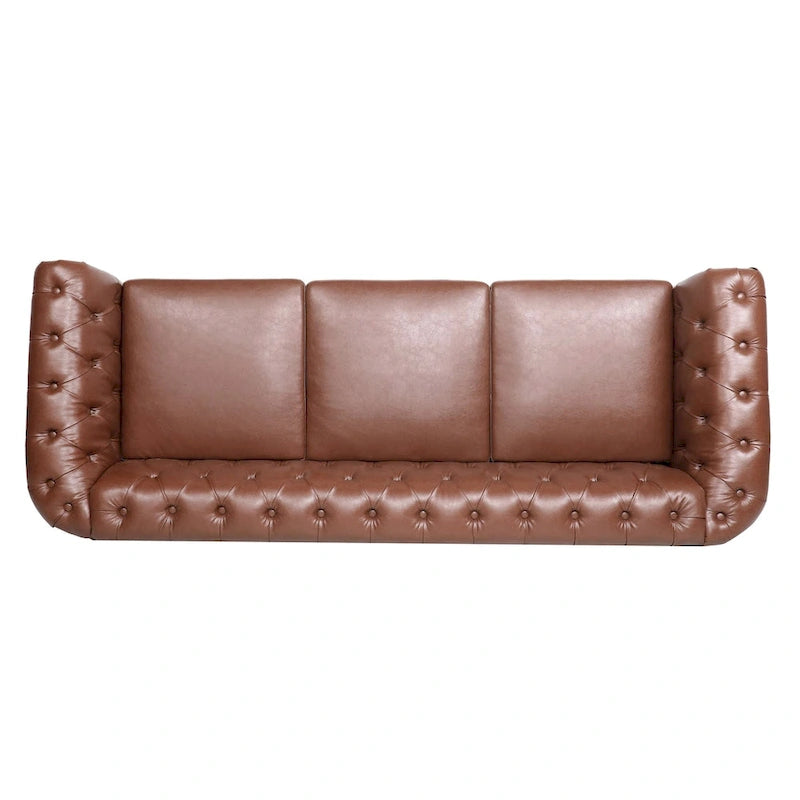 Élégant et classique canapé Chesterfield trois places de 84,65 po en cuir PU avec accoudoirs roulés - Pieds robustes en bouleau, revêtement doux